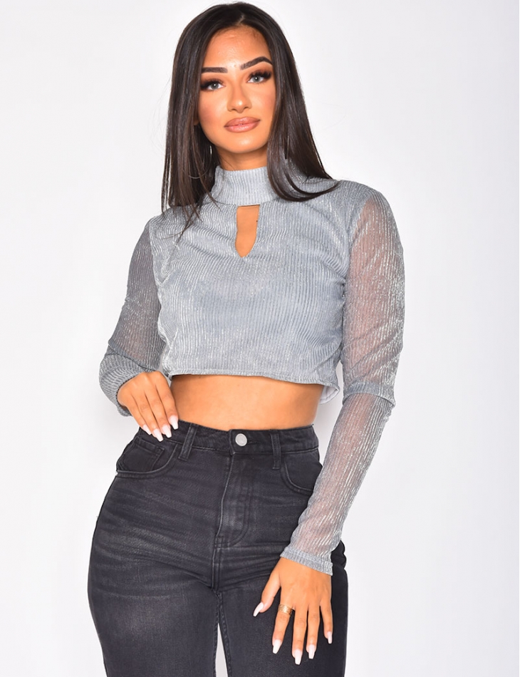 Glittery Long Sleeved Crop Top with Zip