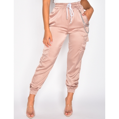 Satiny Cargo Trousers with Chain