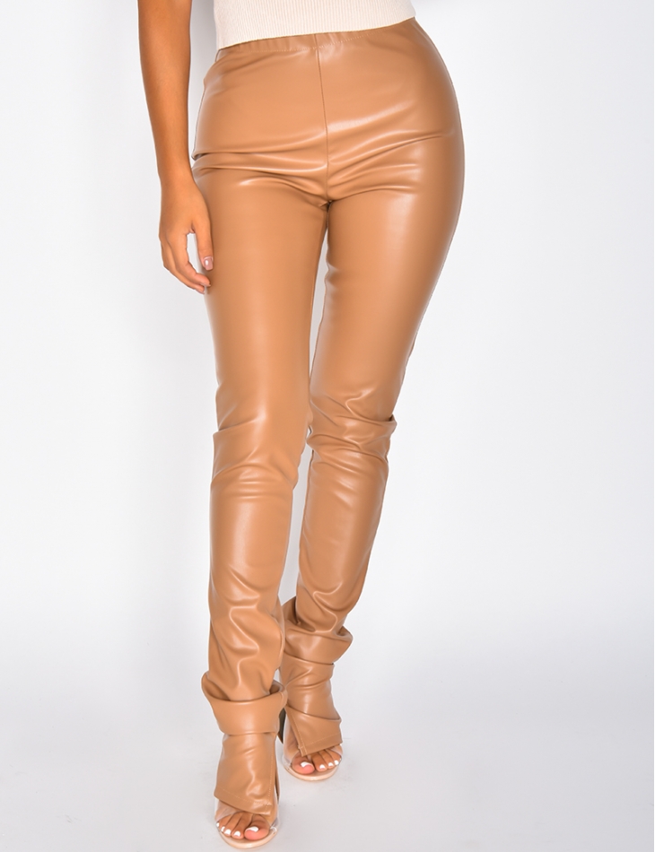 Pantalon taille haute en cuir PU