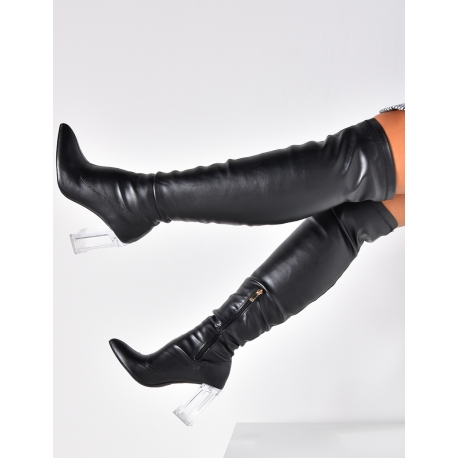 Knee high boots with clear heel best sale