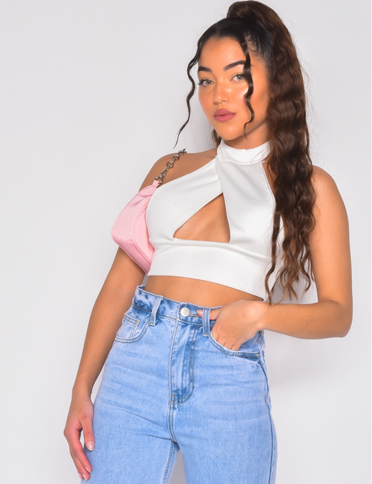 Crop top côtelé à lanières croisées