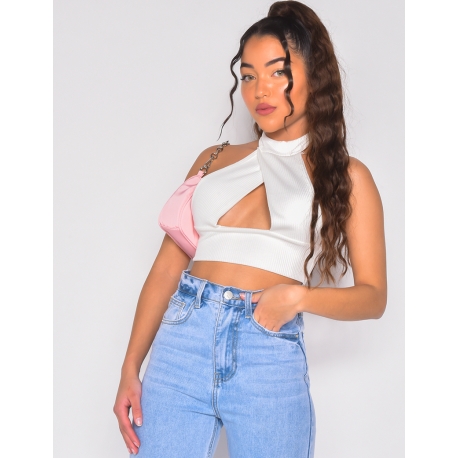 Crop top côtelé à lanières croisées