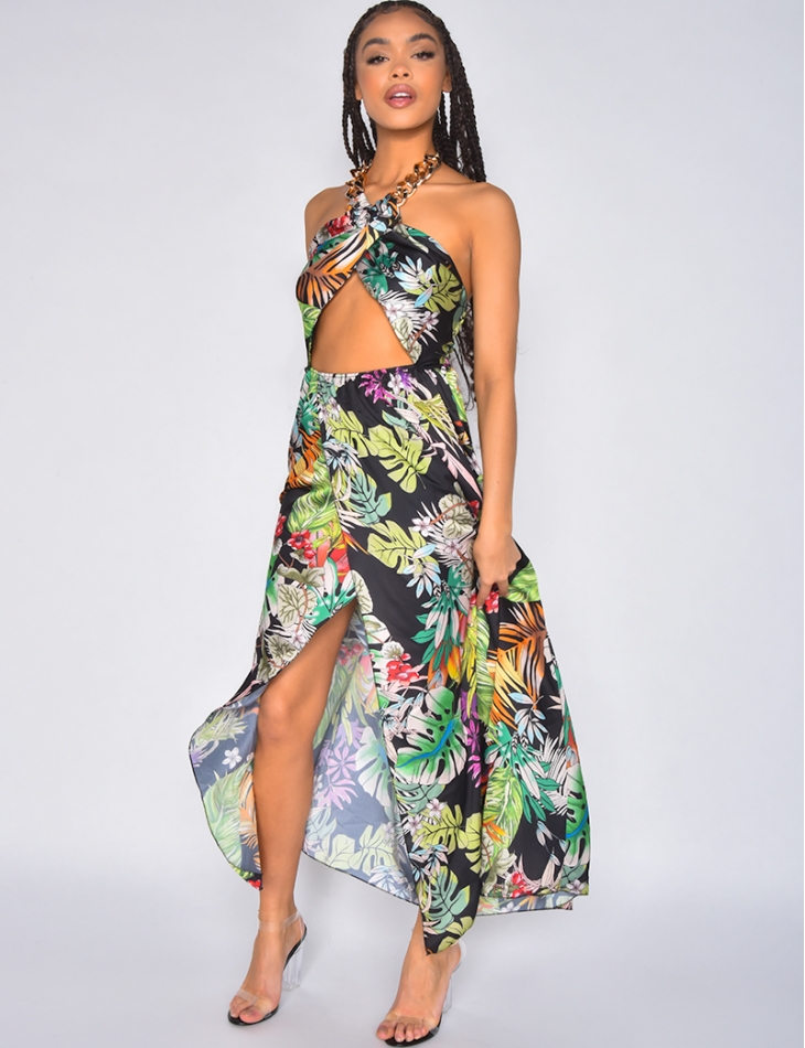 Robe longue ne satin ajourée avec maillon au cou à motif tropicaux