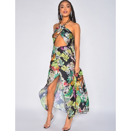 Robe longue ne satin ajourée avec maillon au cou à motif tropicaux