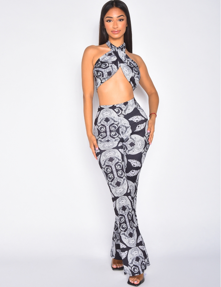 Ensemble pantalon fluide et crop-top à croiser au col motif bandana