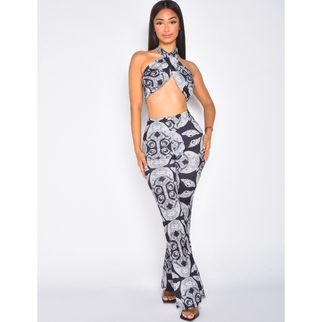 Ensemble pantalon fluide et crop-top à croiser au col motif bandana