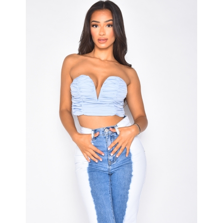 Crop-top bandeau décolleté et froncé