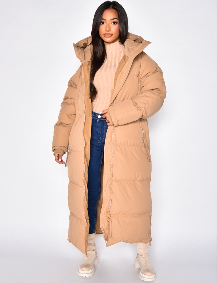 Long hooded puffer jacket with side zips