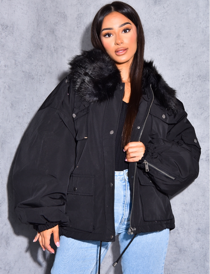 Short Parka with Fur Collar