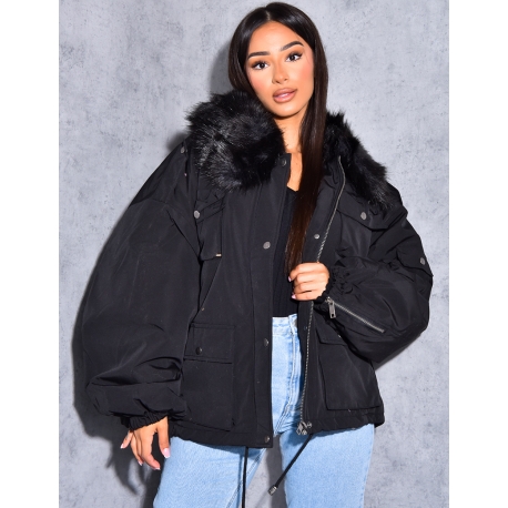 Short Parka with Fur Collar