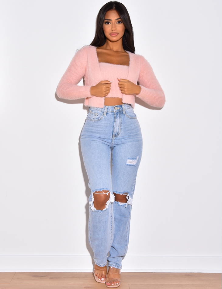 Jean destroy femme taille haute sale