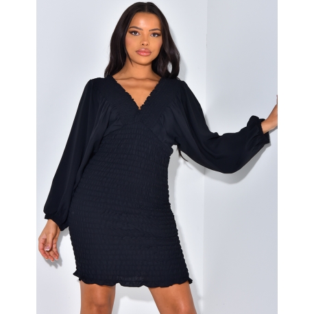 Robe courte froncée col en V