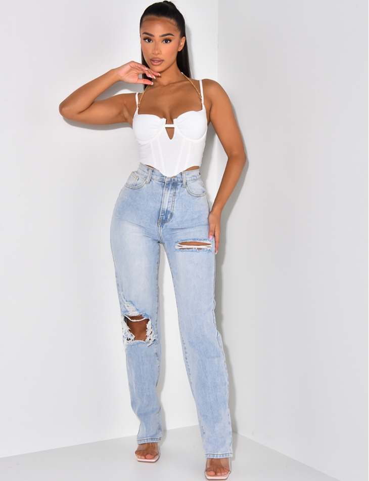 Jeans coupe droite destroy