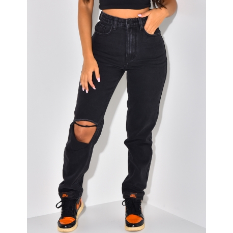 Jeans coupe droite taille haute destroy