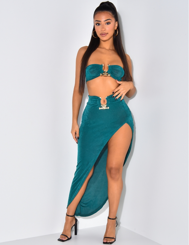 Iridescent slit skirt and bandeau with golden clasp