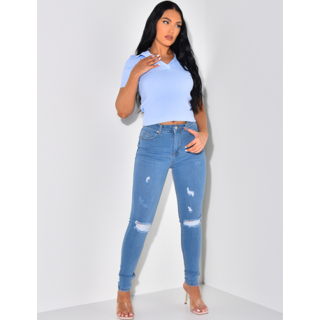 Jeans slim taille haute destroy