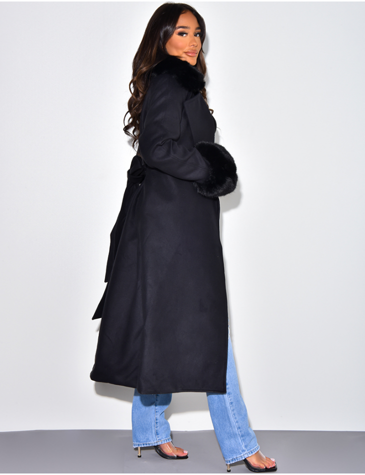 Long Trench Coat with Fur Trim