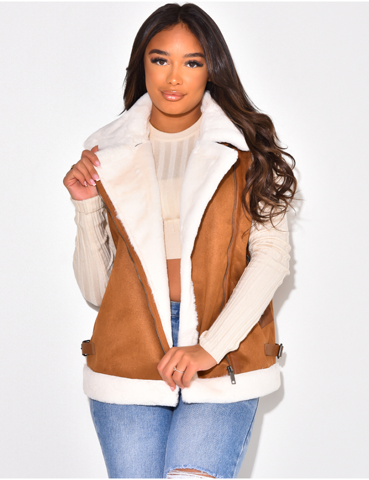 Sleeveless suedette jacket with faux fur trim