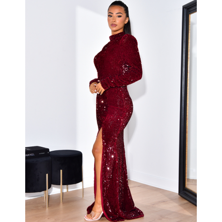 Robe premium en sequins col montant manches longues