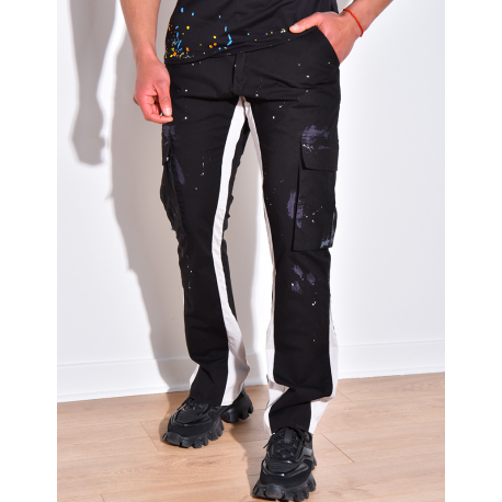 Pantalon bi-color à poches et tâches de peinture