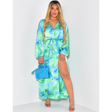 Robe chemise oversize en satin à nouer à la taille