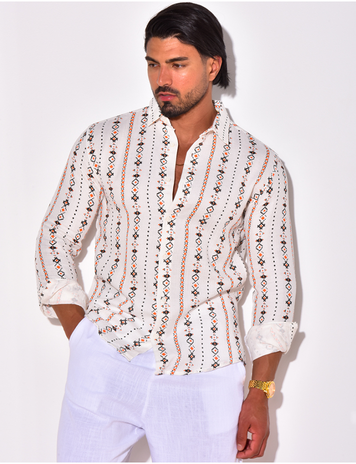 Chemise manches longues en lin à motifs