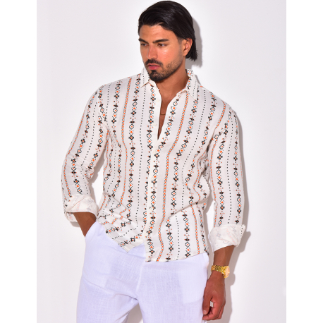 Chemise manches longues en lin à motifs