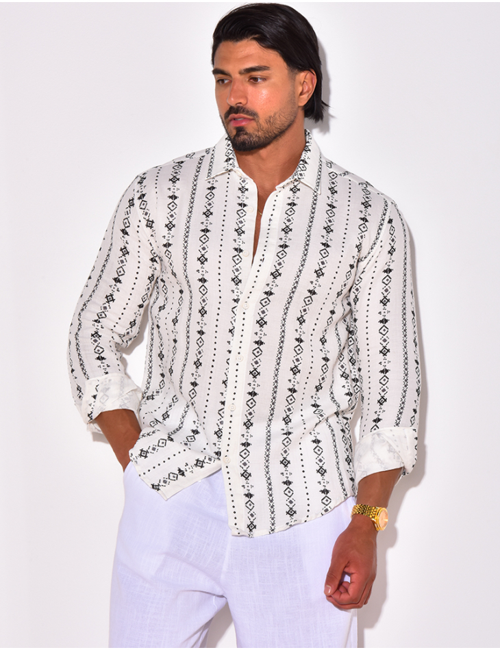 Chemise manches longues en lin à motifs