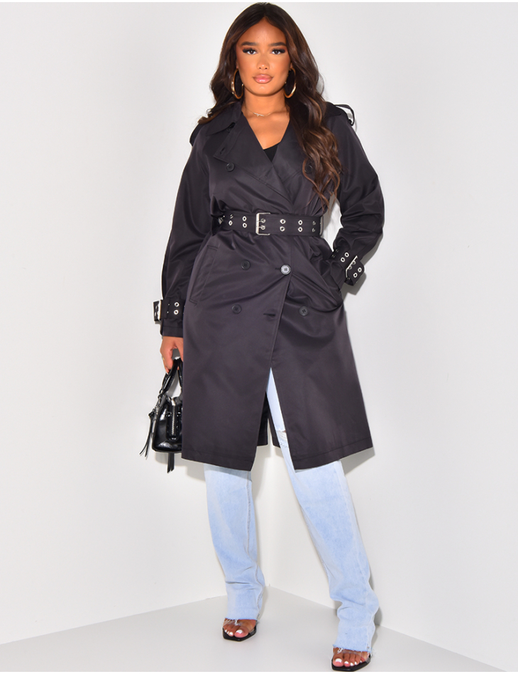 Mid-length trench coat with eyelet belt