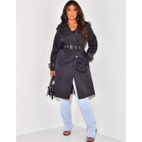 Mid-length trench coat with eyelet belt