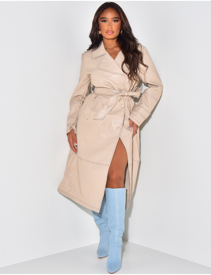 Trench long en cuir vegan à coutures contrastantes