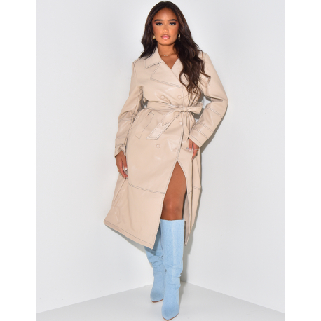 Long trench coat in vegan leather with contrasting seams