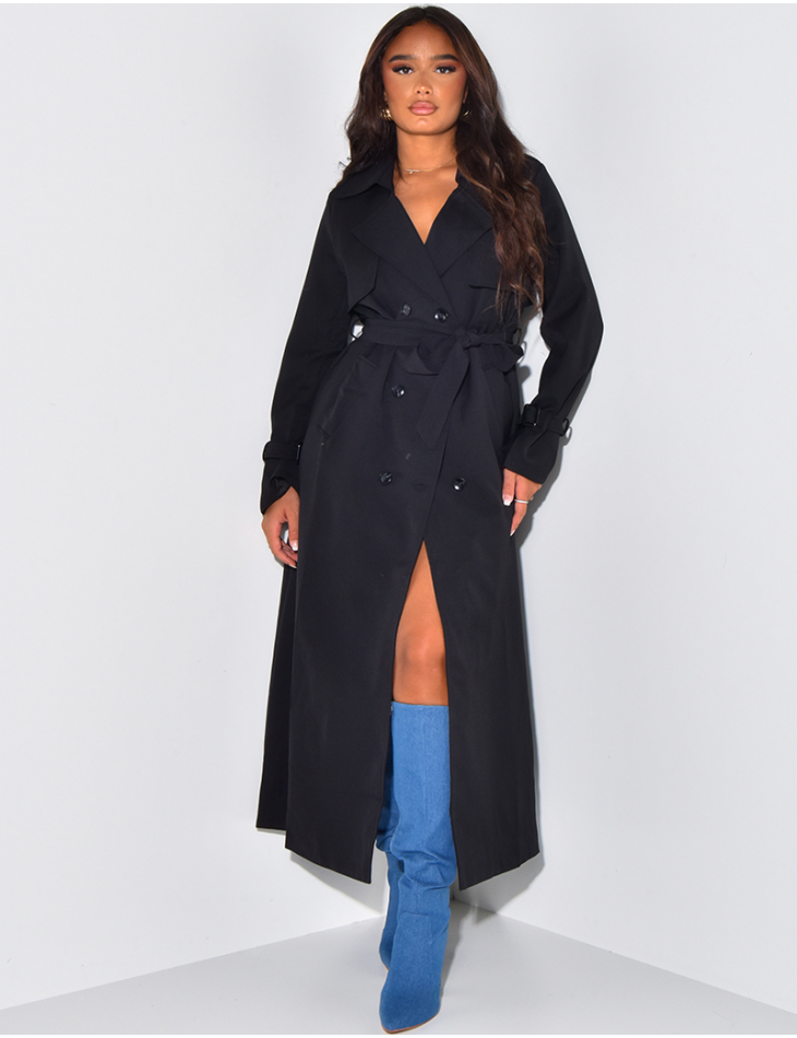 Very long trench coat with tie at waist