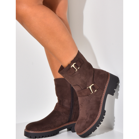 Suede ankle boots with gold buckle detail