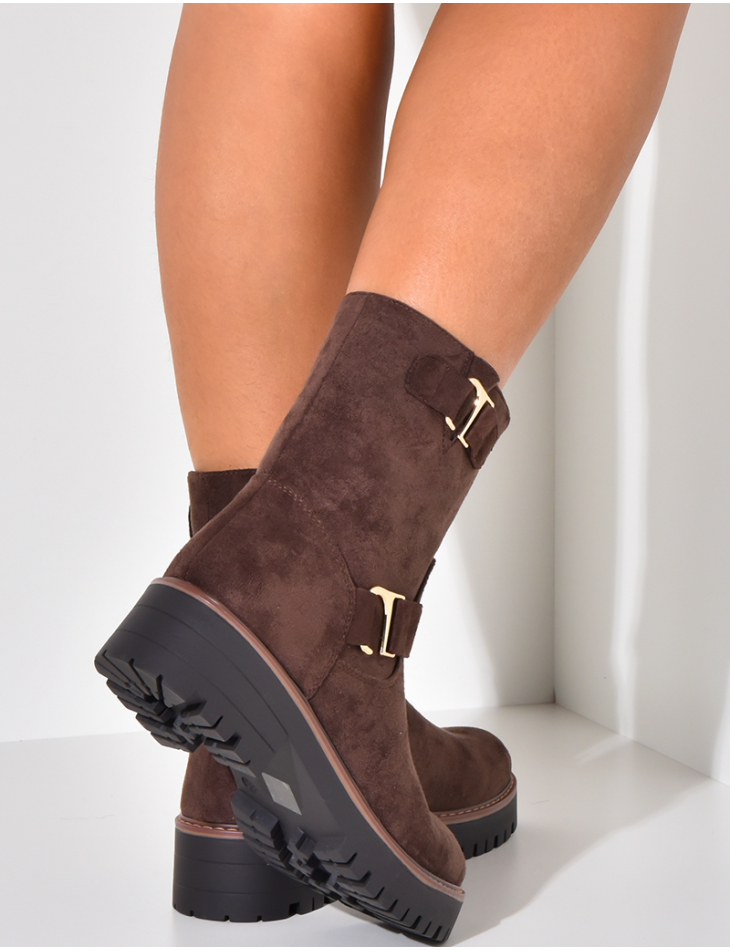 Suede ankle boots with gold buckle detail