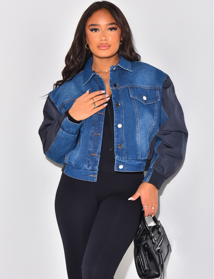   Bi-material denim bomber