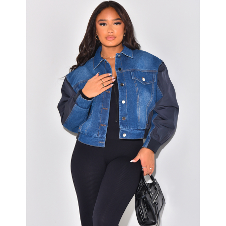   Bi-material denim bomber