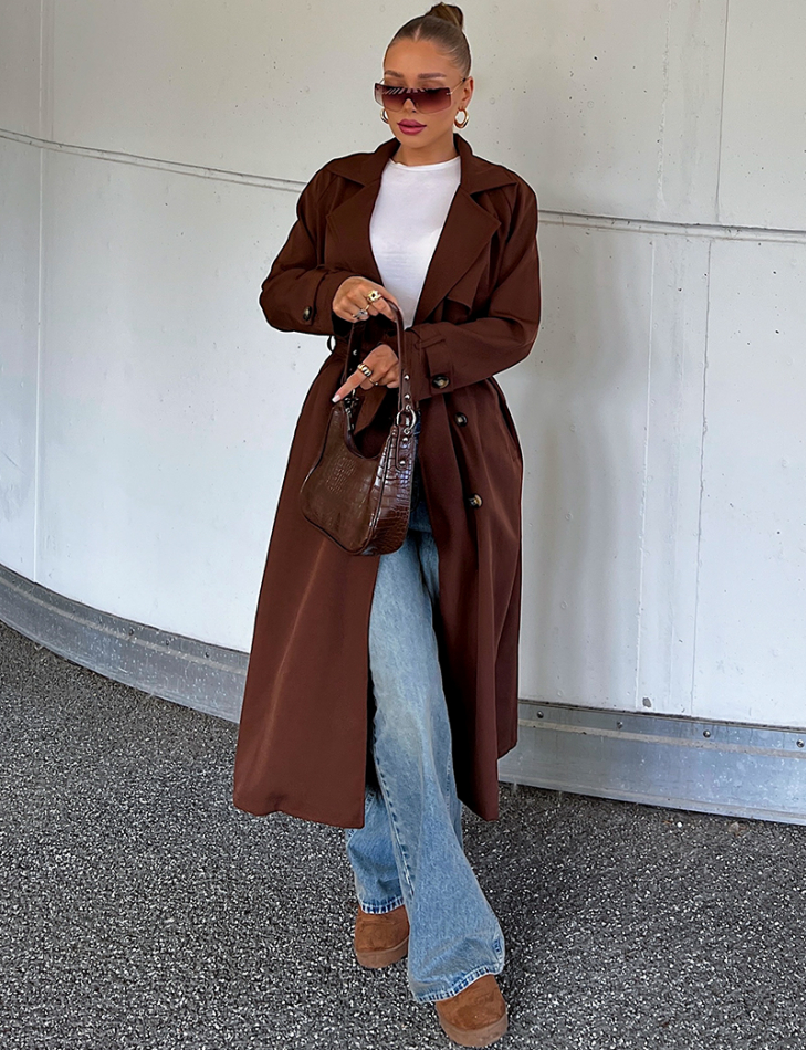 Long flowing trench coat to be belted at the waist