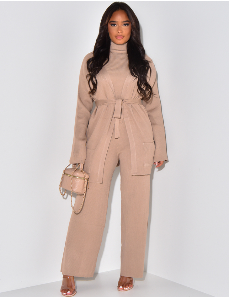 3 piece set with cardigan sweater ribbed pants