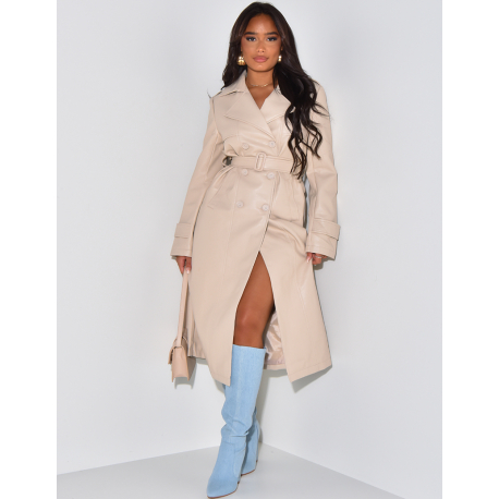 Very long trench coat in imitation leather