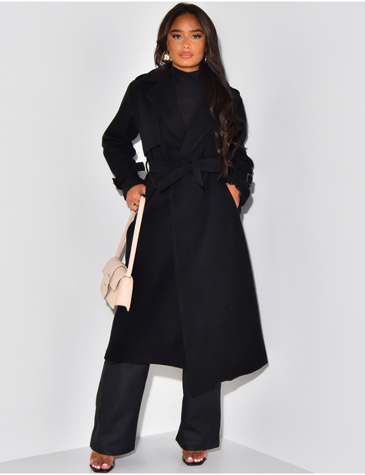 Manteau long à revers avec ceinture 