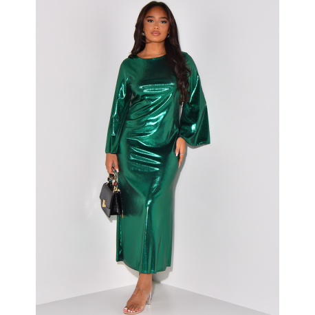 Shiny long dress with flared sleeves