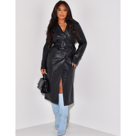 Very long trench coat in imitation leather