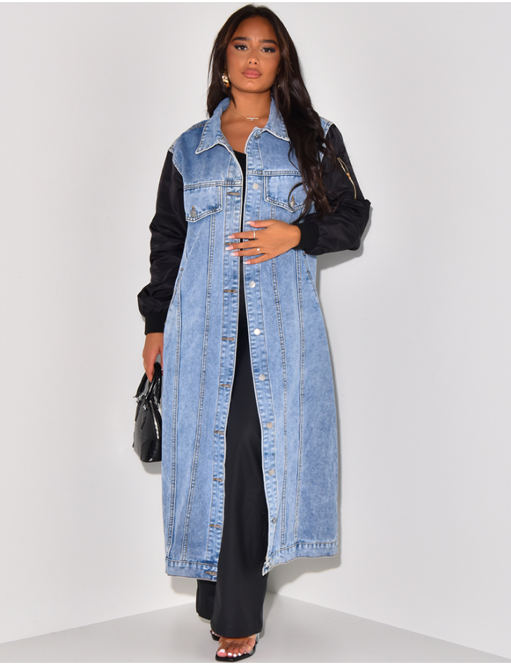 Long denim jacket with bombers sleeves