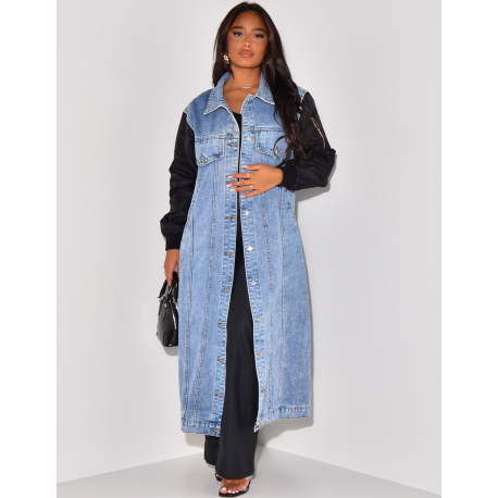 Long denim jacket with bombers sleeves