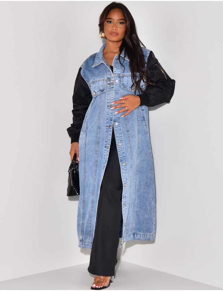 Long denim jacket with bombers sleeves