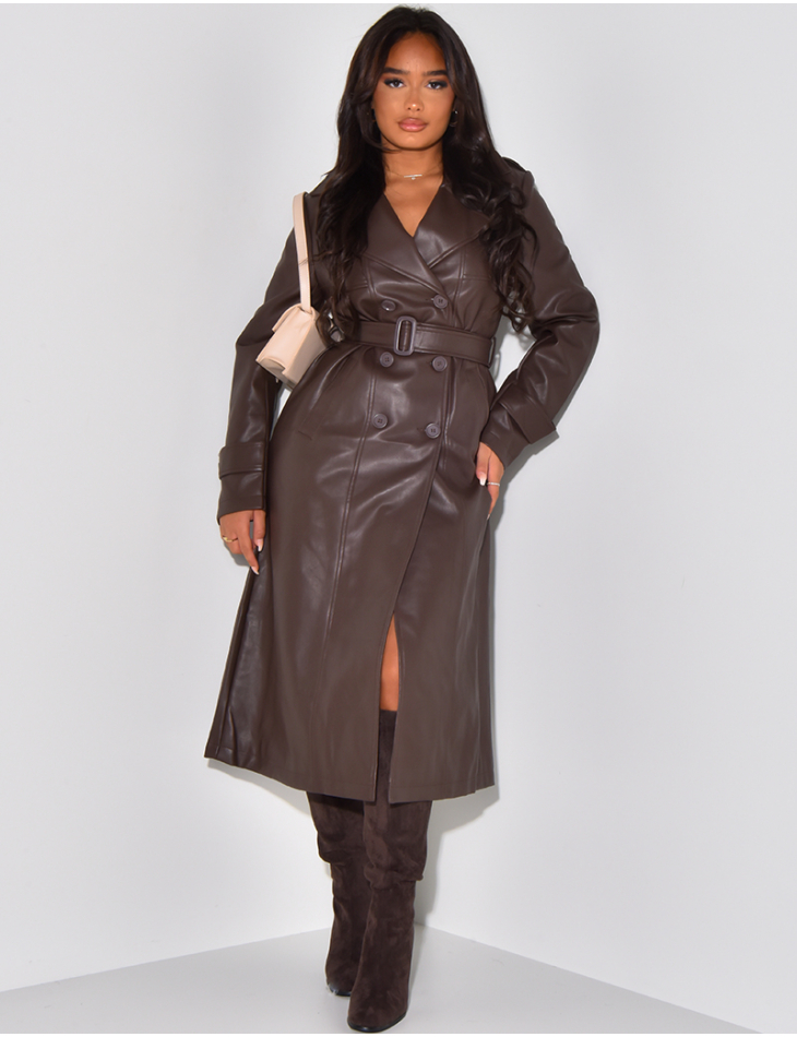 Very long trench coat in imitation leather