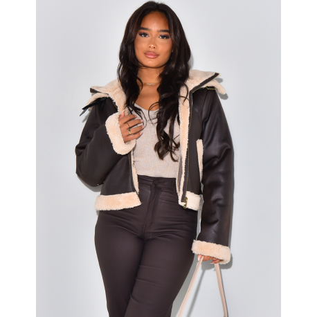   Oversized chocolate brown lined aviator jacket