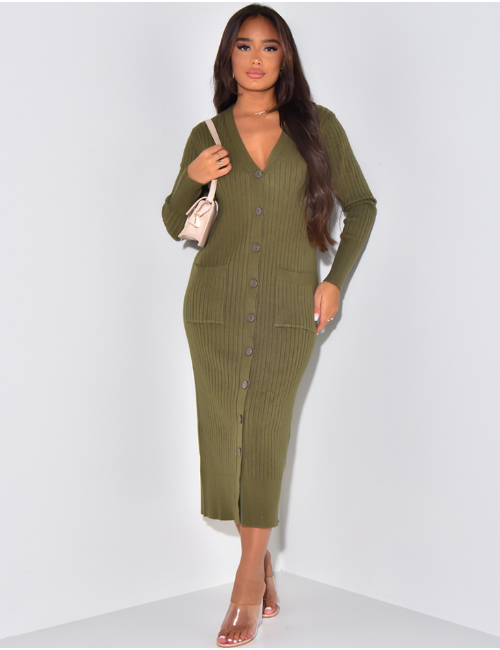   Ribbed long sweater dress with buttons