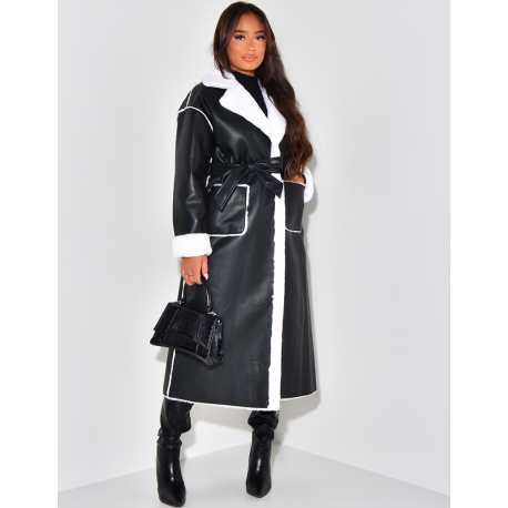   Long coat in imitation leather with fleece lining